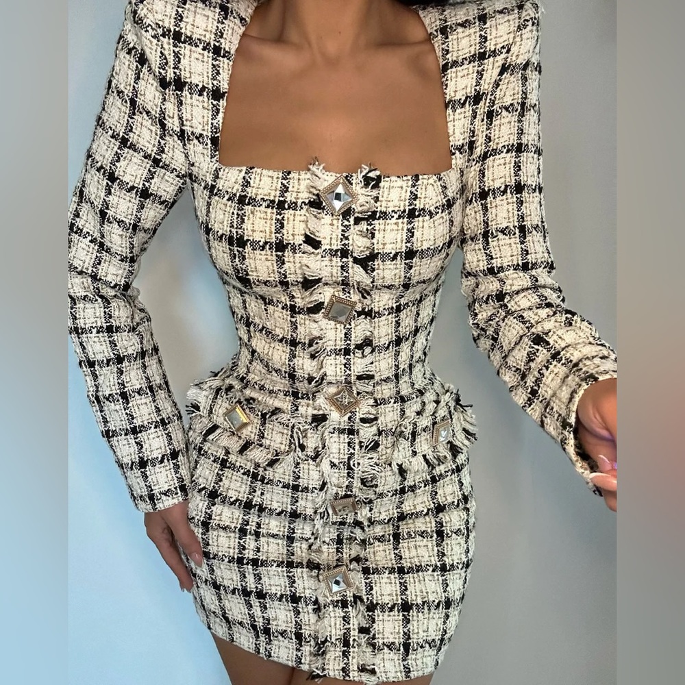 360. Queen Ann Plaid Tweed Mini Dress in Black